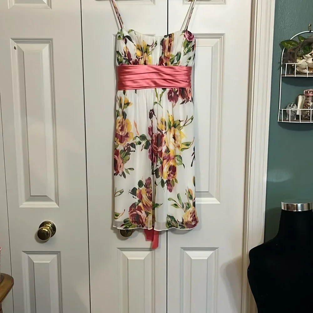 Floral Dress with Coral Sash Spaghetti Strap Spring Whimsy Fairy Formal Women S